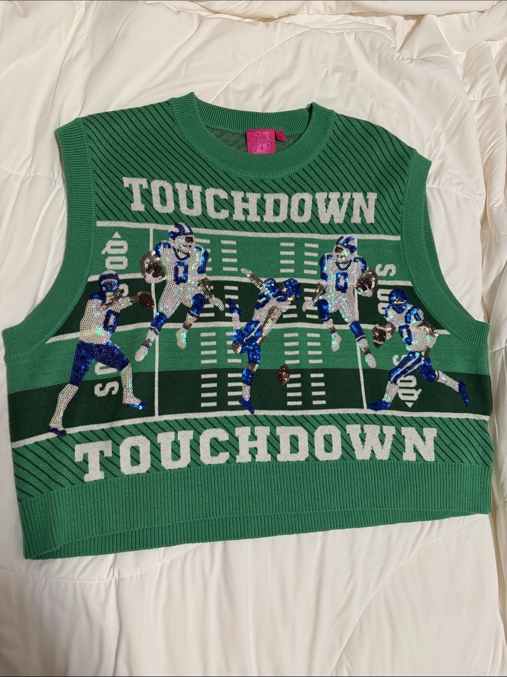 QUEEN OF SPARKLES TOUCHDOWN FOOTBALL SWEATER VEST GREEN